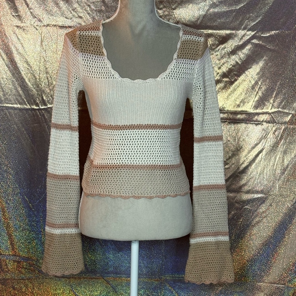 Hollister Striped Cream and Brown Women's Sweater